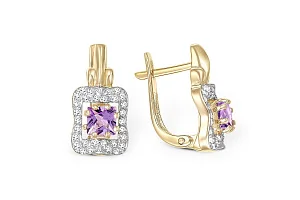 Серьги из жёлтого золота с 2 аметистами и 60 фианитами