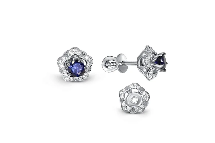 Серьги-пусеты Цветы из белого золота с 2 корундами и 30 бриллиантами