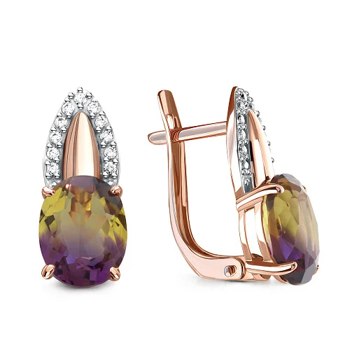 Серьги из красного золота с 2 кварцами и 22 фианитами