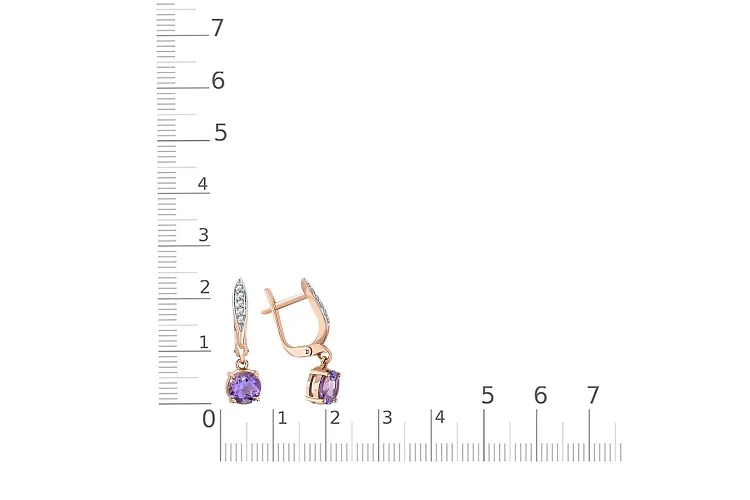 Серьги из красного золота с 2 аметистами и 10 фианитами