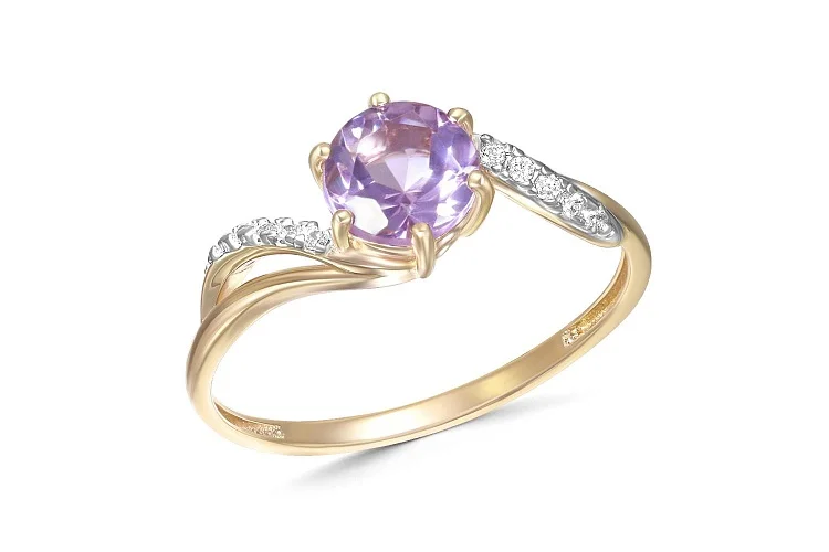 Кольцо из жёлтого золота с аметистом и 10 фианитами