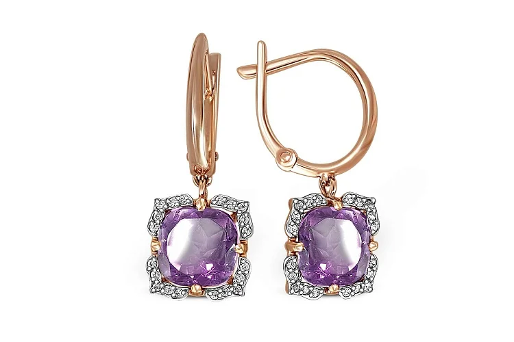 Серьги из красного золота с 2 аметистами и 40 фианитами