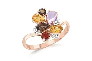 Кольцо из красного золота с аметистом, гранатом и раухтопазами