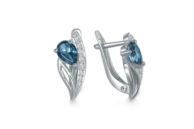 Серьги из белого золота с 2 топазами лондон и 16 фианитами