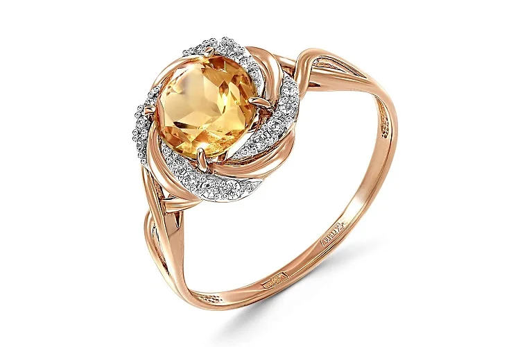 Кольцо из красного золота с цитрином и 16 фианитами