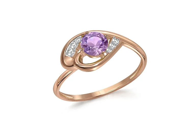 Кольцо из красного золота с аметистом и 6 фианитами