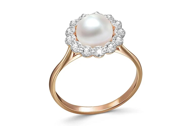 Кольцо из красного золота с жемчугом и 13 фианитами