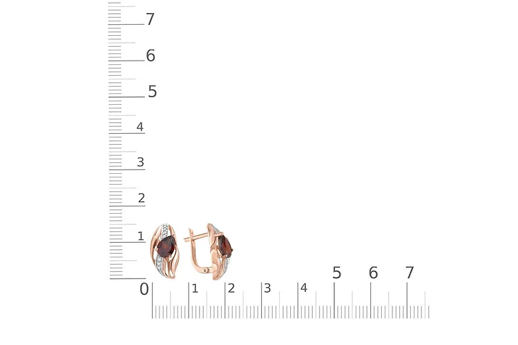Серьги из красного золота с 2 гранатами и 14 фианитами