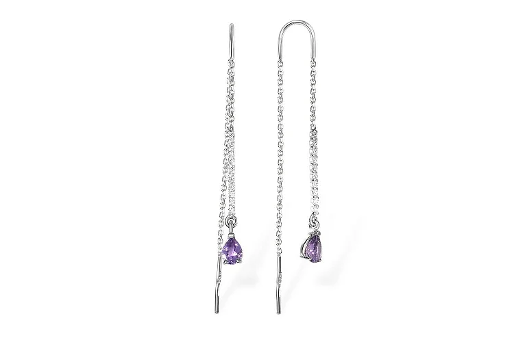 Серьги-продёвки Дорожки из белого золота с 2 аметистами и 20 фианитами