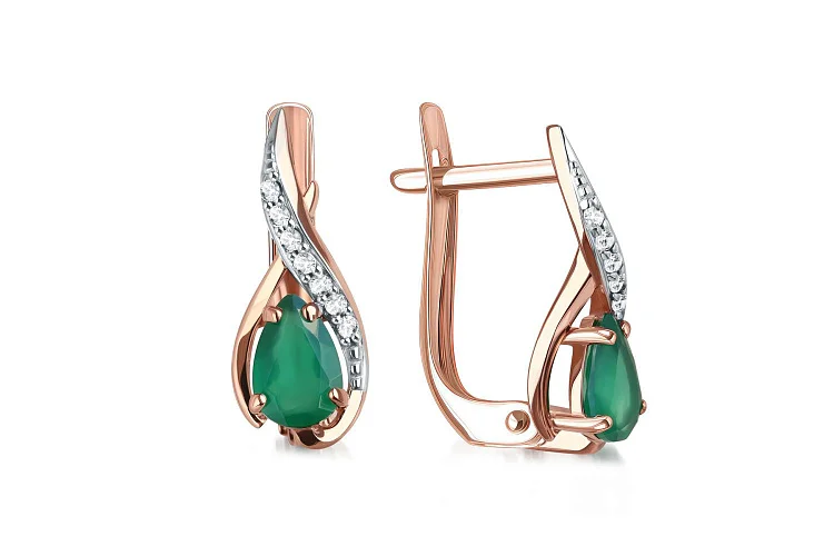 Серьги из красного золота с 2 агатами и 14 фианитами