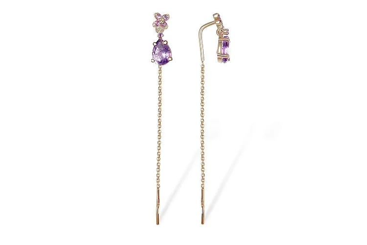 Серьги-продёвки Цветы из красного золота с 12 аметистами