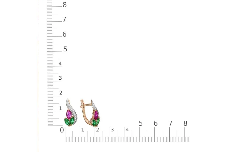 Серьги Цветы из красного золота с корундами, фианитами и изумрудами