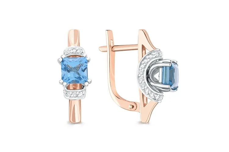 Серьги из красного золота с 2 топазами swiss и 44 фианитами
