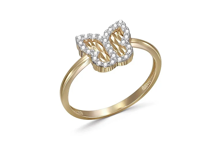 Кольцо Бабочка из жёлтого золота с 28 фианитами