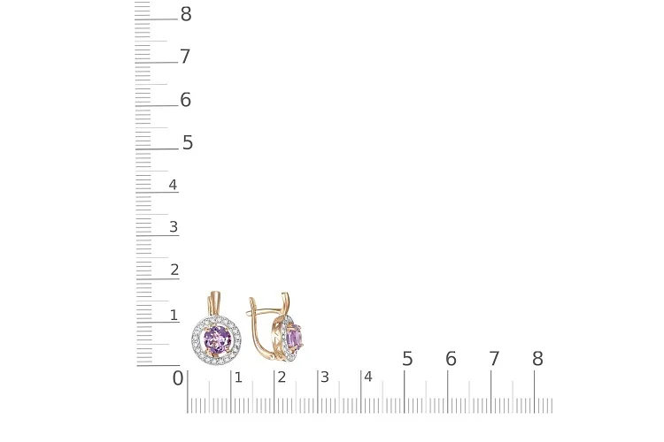 Серьги из красного золота с 2 аметистами и 40 фианитами