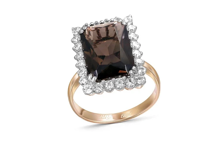 Кольцо из красного золота с раухтопазом и 24 фианитами