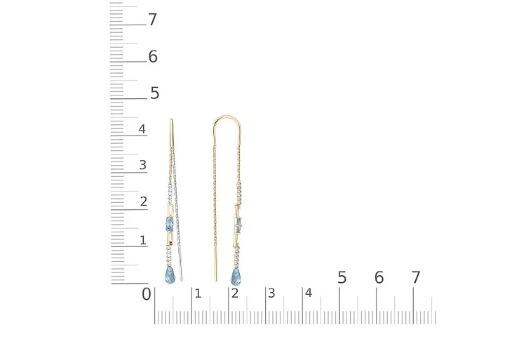 Серьги-продёвки из жёлтого золота с 4 топазами sky и 20 фианитами