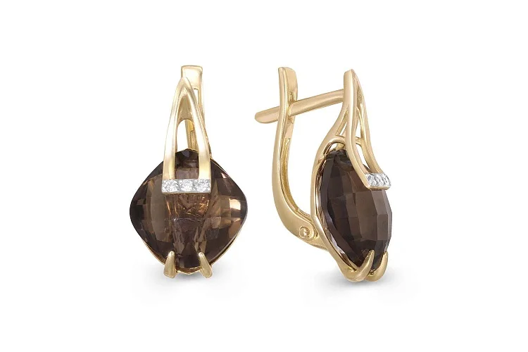 Серьги из красного золота с 2 раухтопазами и 6 фианитами