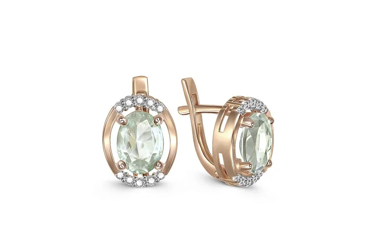 Серьги из красного золота с 2 аметистами и 20 фианитами