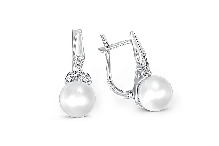 Серьги из белого золота с 2 жемчужинами и 16 бриллиантами