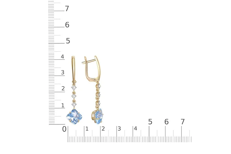 Серьги из жёлтого золота с 2 топазами sky и 6 фианитами