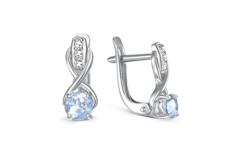 Серьги из белого золота с 2 топазами sky и 6 фианитами