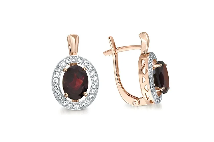 Серьги из красного золота с 2 гранатами и 44 фианитами