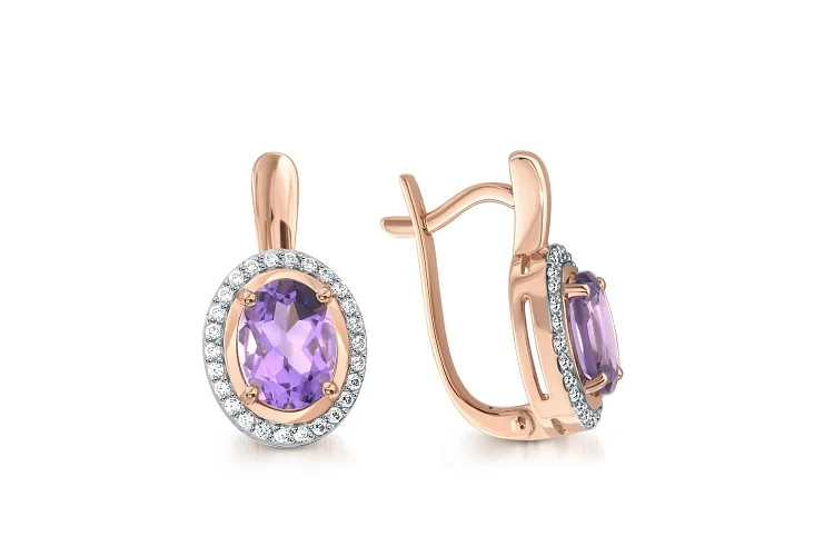 Серьги из красного золота с 2 аметистами и 52 фианитами