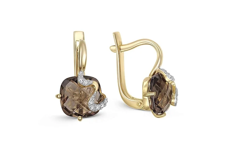 Серьги из жёлтого золота с 2 раухтопазами и 14 фианитами