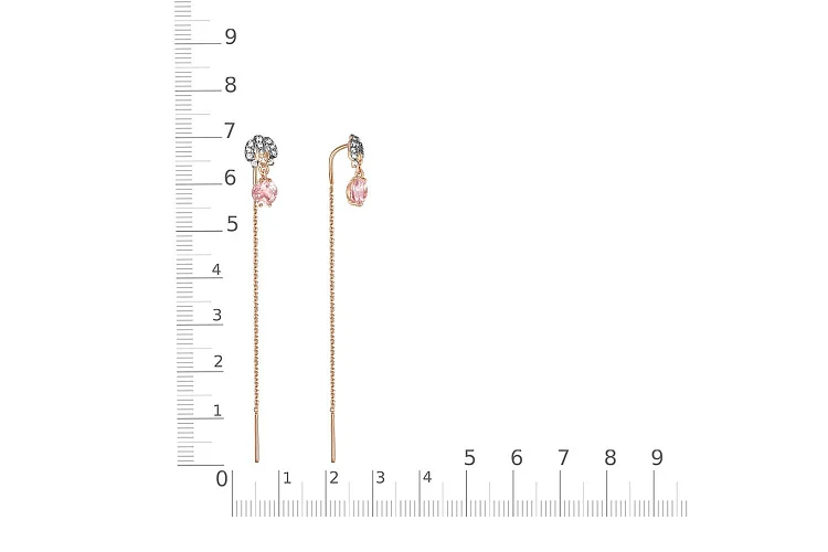 Серьги-продёвки из красного золота с 2 морганитами и 20 фианитами
