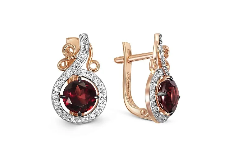 Серьги из красного золота с 2 гранатами и 44 фианитами