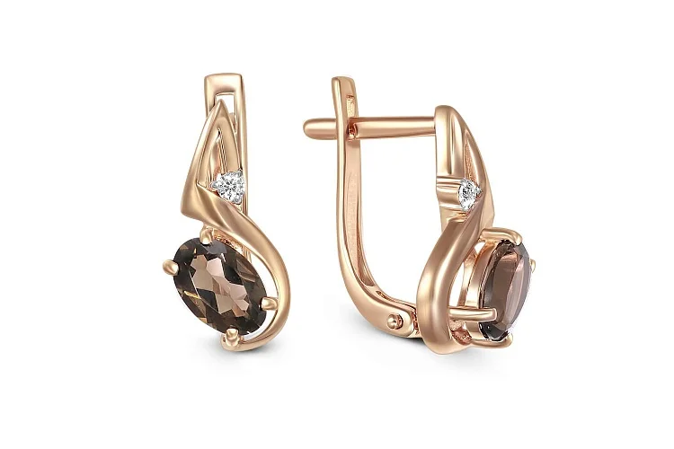 Серьги из красного золота с 2 раухтопазами и 2 фианитами