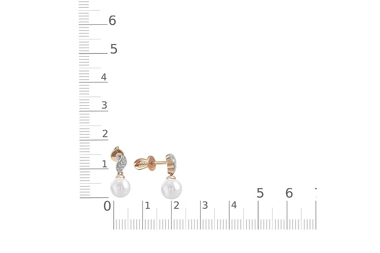 Серьги-пусеты из красного золота с 2 жемчужинами и 22 фианитами