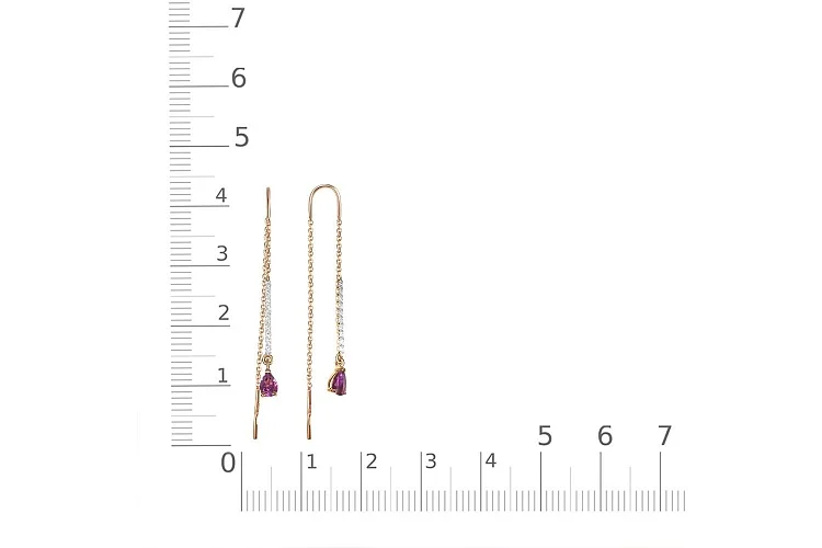 Серьги-продёвки Дорожки из красного золота с 2 родолитами и 20 фианитами