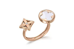 Кольцо Клевер из красного золота с перламутром и фианитом