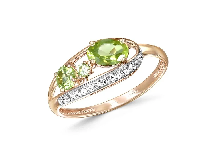 Кольцо из красного золота с 3 хризолитами и 12 фианитами