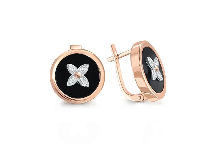 Серьги Клевер из красного золота с 2 ониксами и 16 фианитами