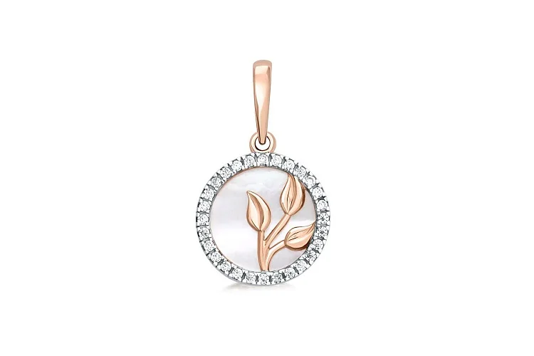 Подвеска Цветок из красного золота с перламутром и 28 фианитами