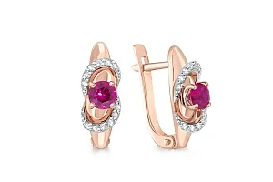 Серьги из красного золота с 2 корундами и 24 фианитами