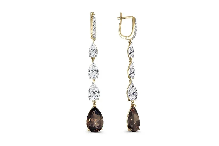 Серьги из жёлтого золота с 2 раухтопазами и 20 фианитами