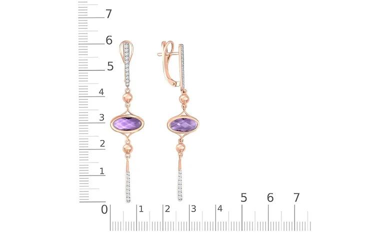Серьги из красного золота с 2 аметистами и 38 фианитами