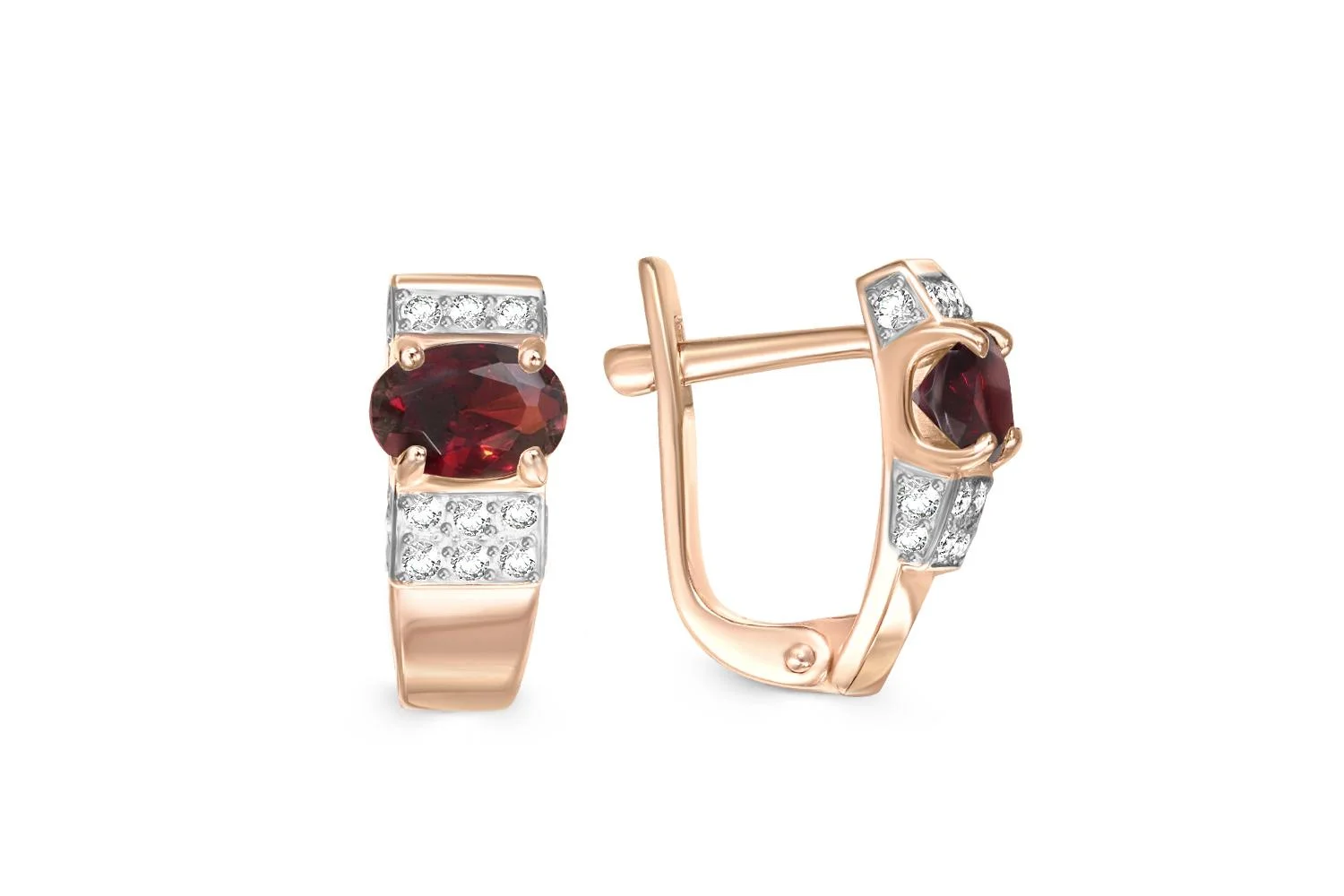 Серьги из красного золота с 2 гранатами и 30 фианитами