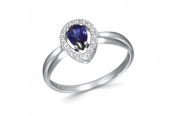 Кольцо из белого золота с корундом и 16 бриллиантами