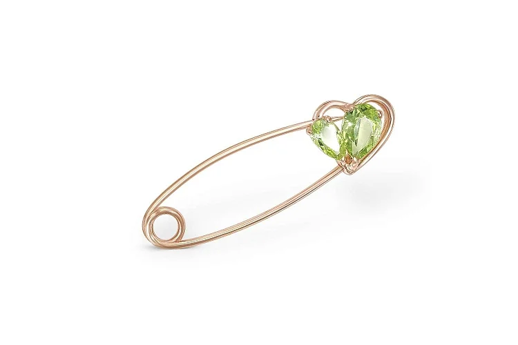 Булавка Сердце из красного золота с 2 хризолитами