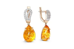 Серьги из красного золота с янтарём и 38 фианитами