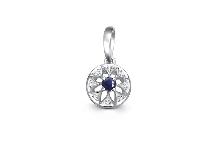 Подвеска Цветок из белого золота с сапфиром и 8 фианитами