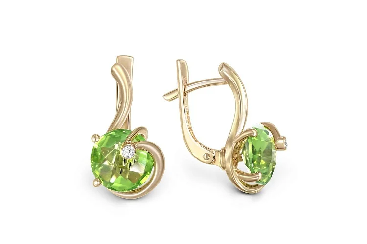 Серьги из жёлтого золота с 2 хризолитами и 2 фианитами