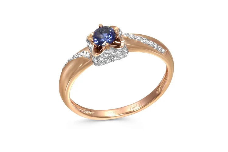 Кольцо из красного золота с сапфиром и 46 бриллиантами