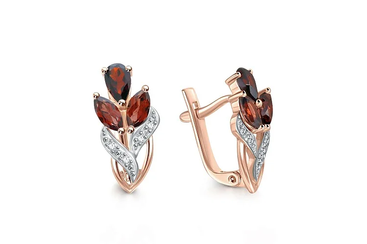 Серьги Цветы из красного золота с 6 гранатами и 8 фианитами