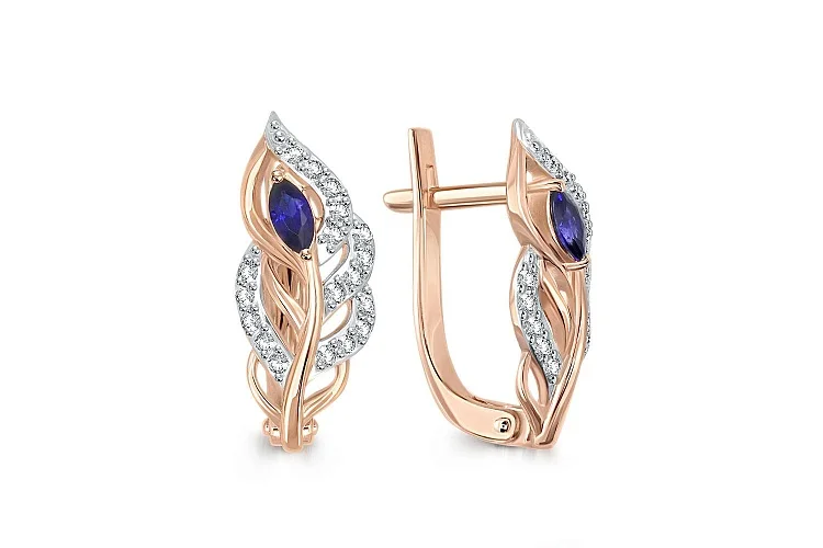 Серьги Веточки из красного золота с 2 корундами и 36 фианитами